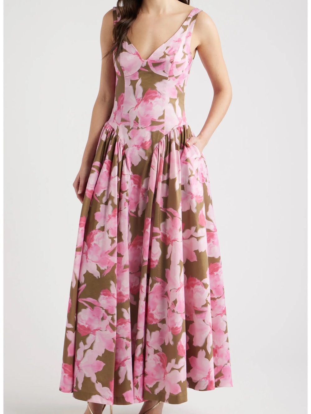 Pink Floral Basque waist Jemma V-Neck Maxi Dress